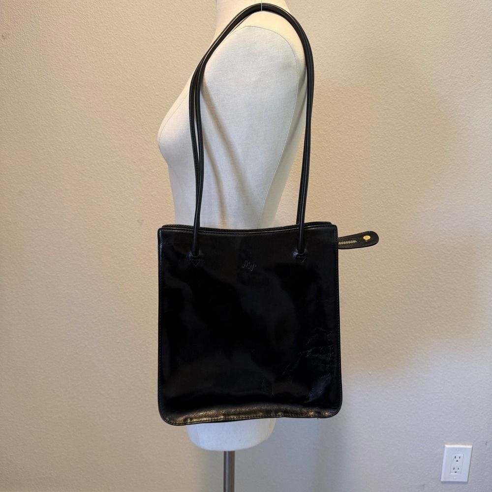 Monsac Black Leather Square Shoulder Bag Gold Hardware Minimalist Tote